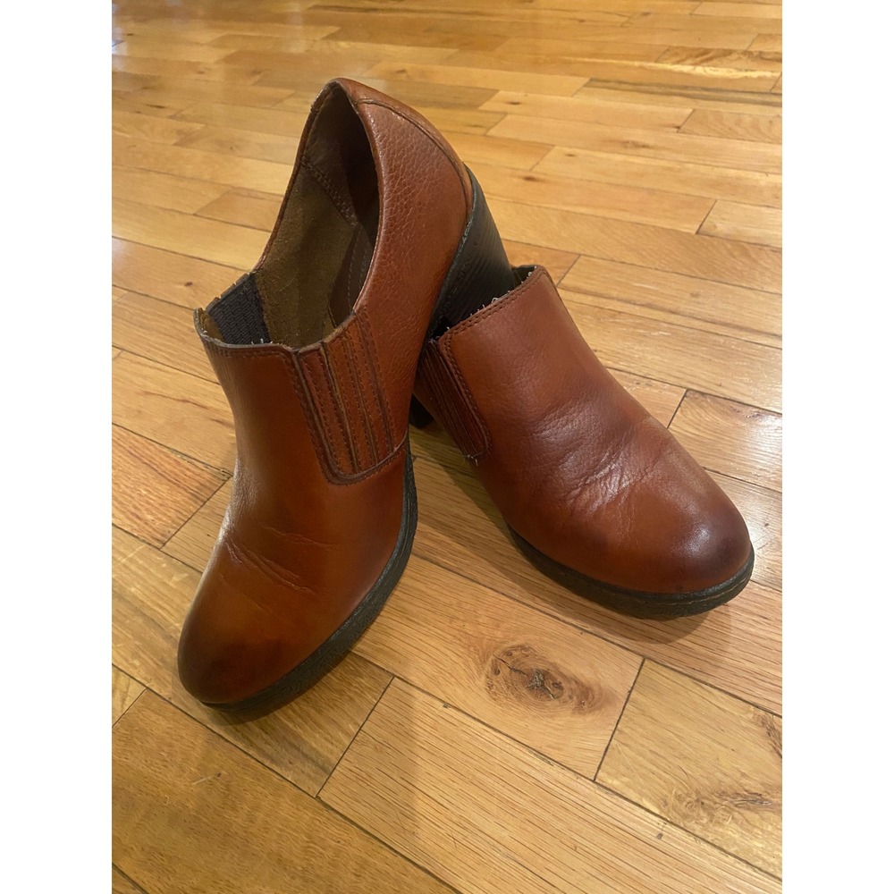 Bolo Women's Brown Leather Ankle Boots Block Heel Elastic Side‎ Slip On Size 8.5